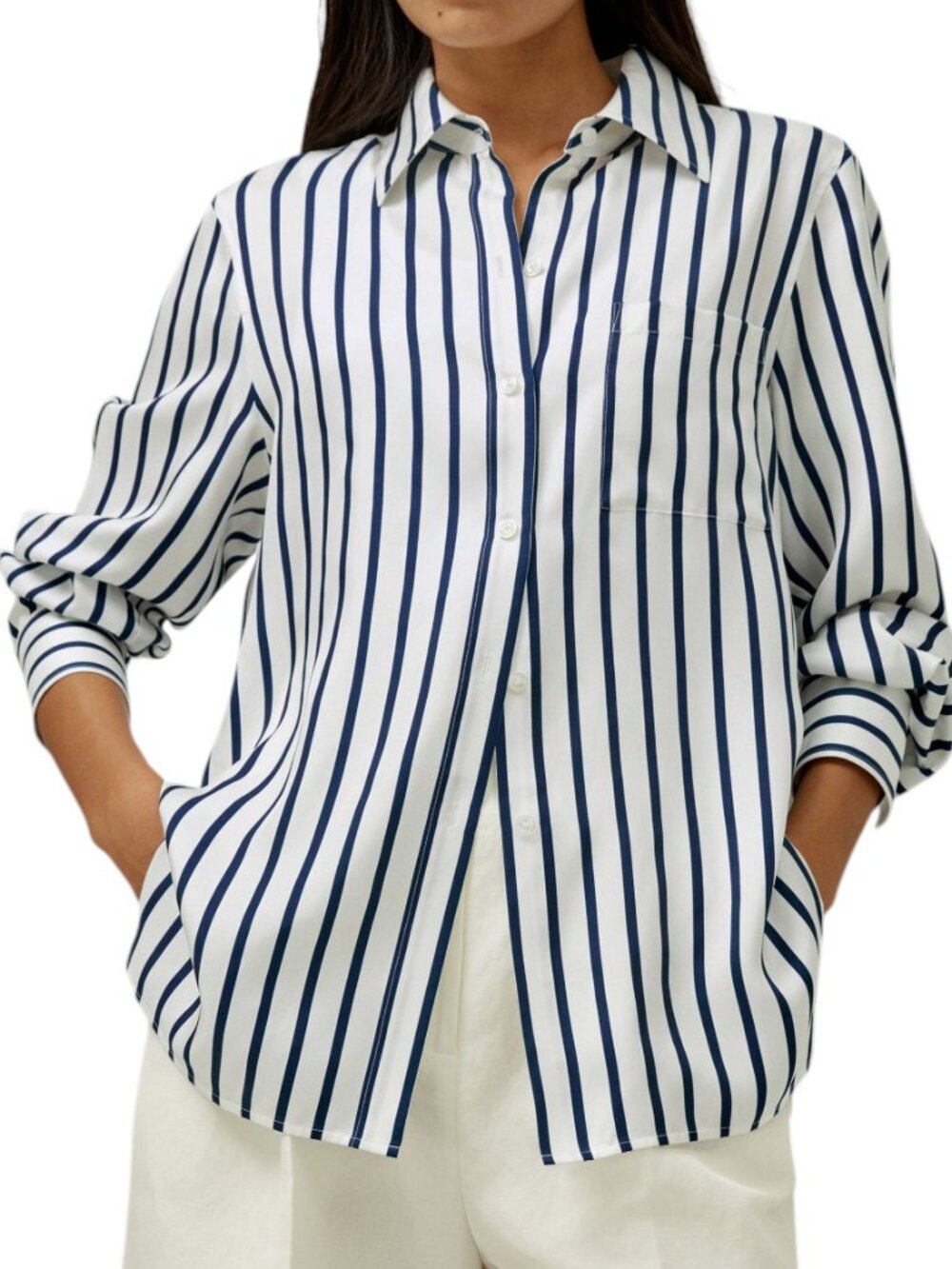Lilysilk Oversized Palma White with Blue Stripe 100% Silk Shirt Women's Size XL